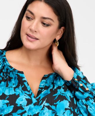 Plus Size Printed Pleated V-Neck Blouse, Macy's Exclusive