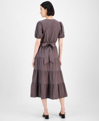 Women's Cotton Puff-Sleeve Tiered Midi Dress