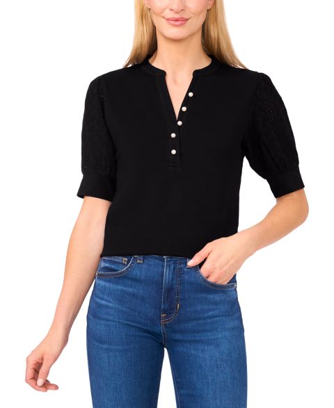 Женский топ CeCe Pearl Button Henley Embroidered Puff 3/4-Sleeve Cotton Top, цвет: Насыщенный чёрный
