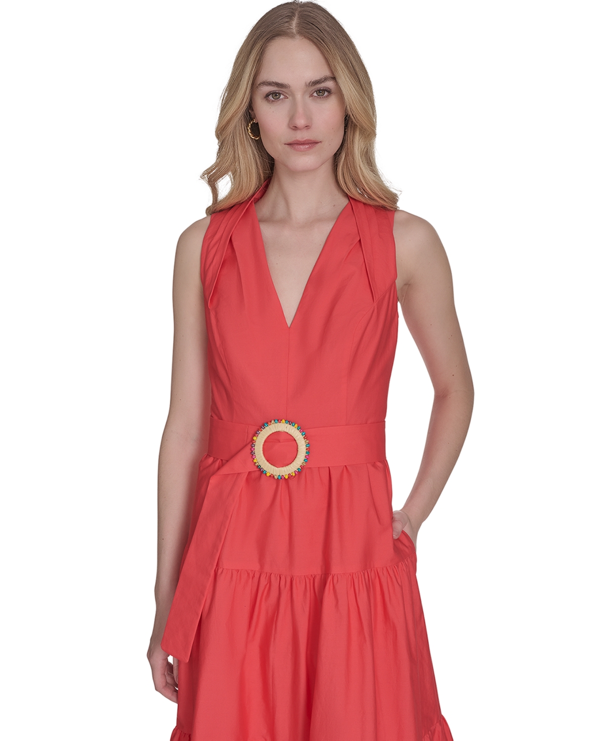Vince Camuto Petite Cotton Belted Sleeveless Tiered Midi Dress In Red