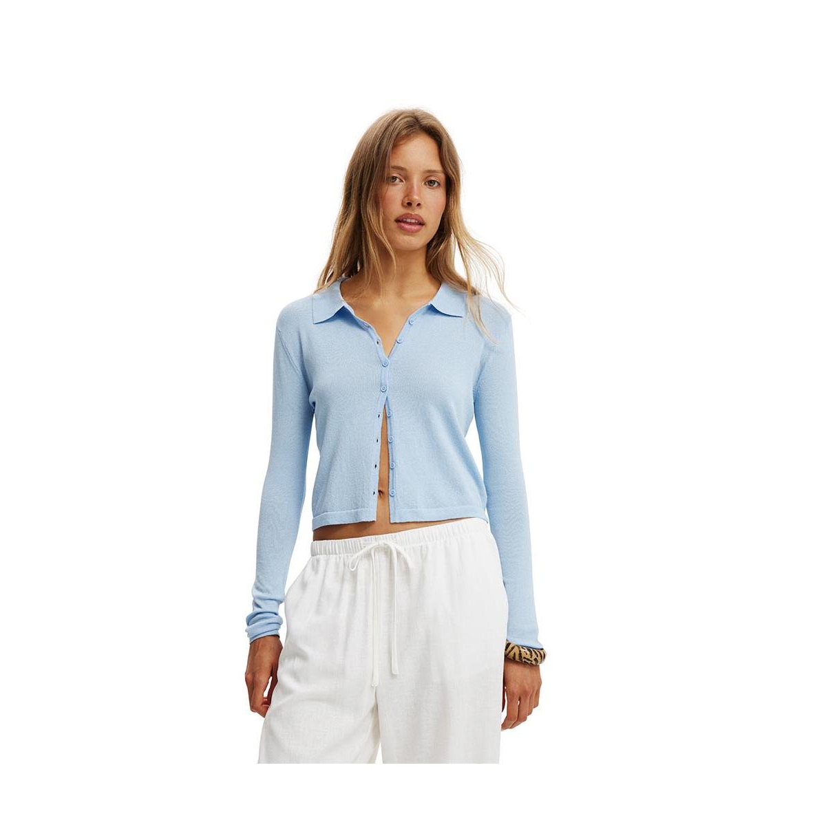 Women's Knit Button Polo Long Sleeve - Serene blue
