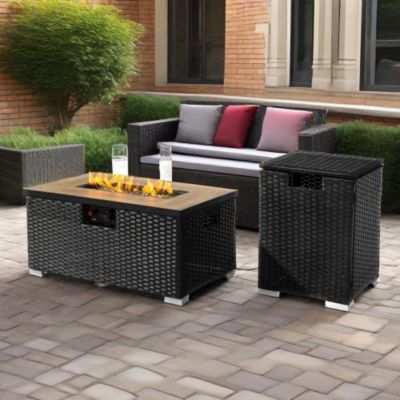 32 Inch Rectangular Wicker Fire Pit Table with 50000 BTU Burner and Ceramic Top