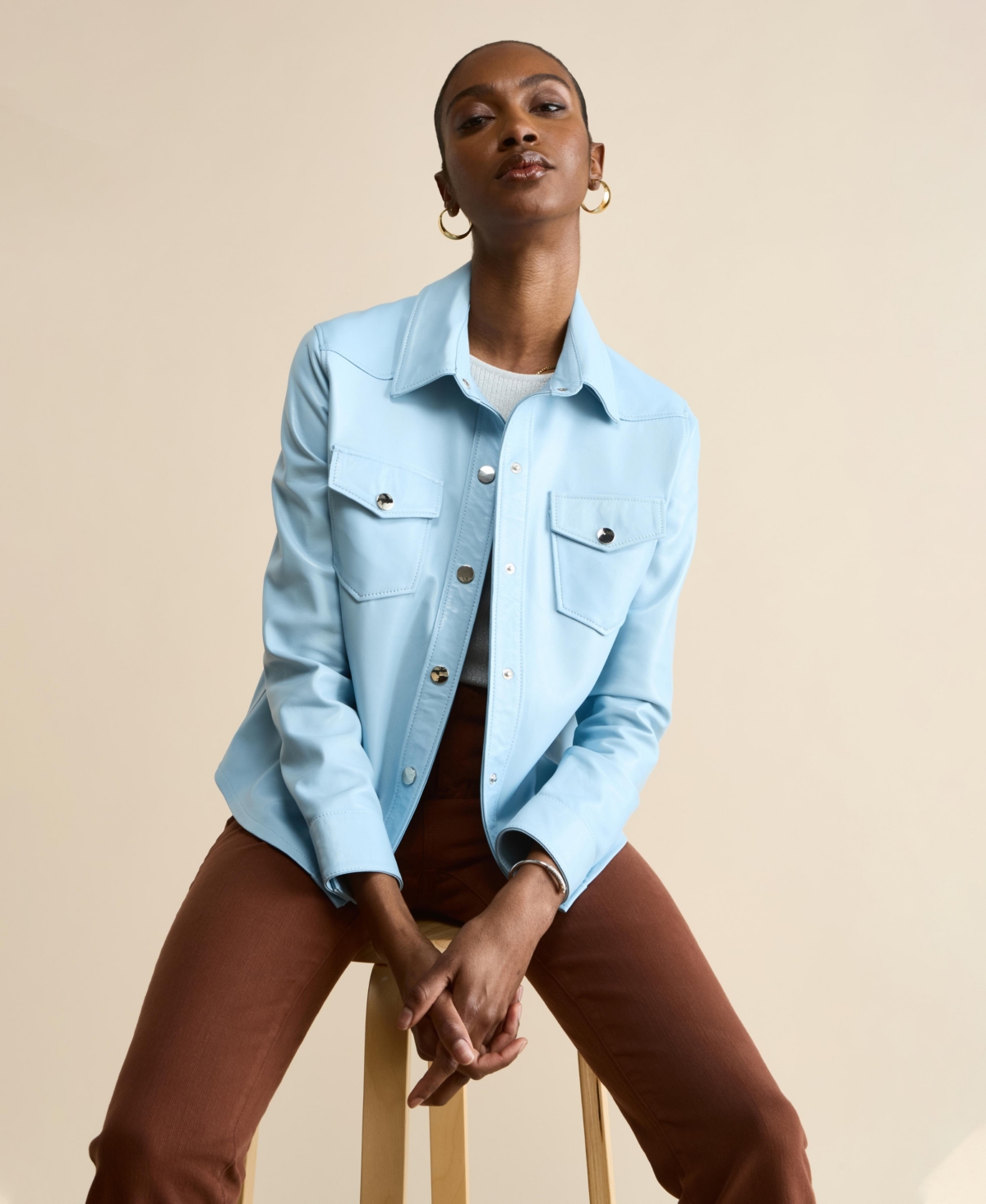 Women's Leather Shirt Jacket, Created For Macy's - Light blue