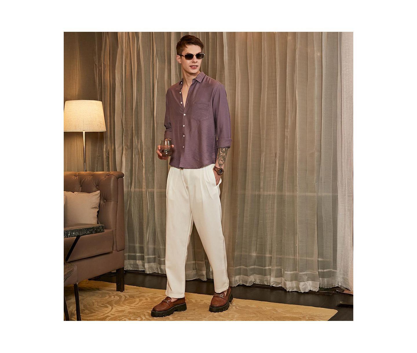 Мужская рубашка Cahoot Campus Sutra Grape Purple Breezy Wrinked Relaxed, цвет: Фиолетовый — фото 2