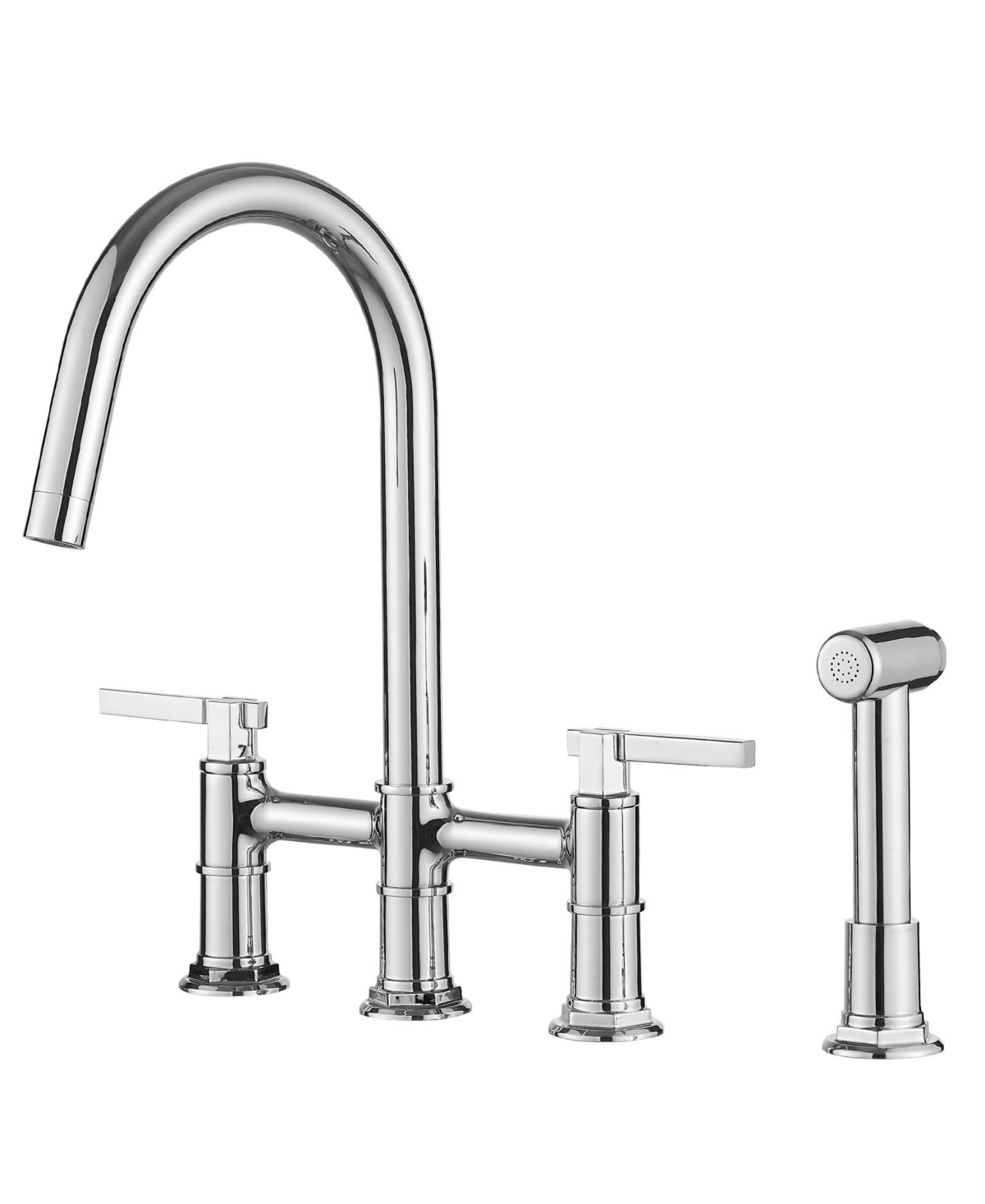 Double Handle 4-Holes Deck Mount Bridge Kitchen Faucet with Side Sprayer Sink Faucet 360 Swivel Spout in Polished Chrome - Polished chrome