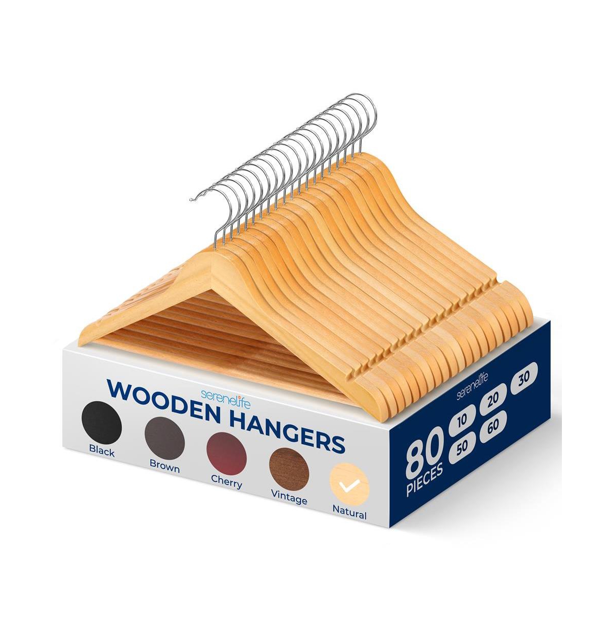 80-Pack Solid Wooden Hangers &#x2013; Heavy Duty Natural Wood with 360&#xB0; Swivel Hook, Shoulder Notches & Pants Bar &#x2013; Space-Savin