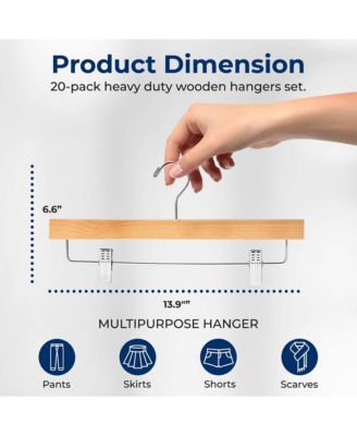 20 Pcs. Premium Wooden Pants Hangers - Heavy Duty Hanger Set with Chrome 360&amp;#xB0; Swivel Hook (Natural)