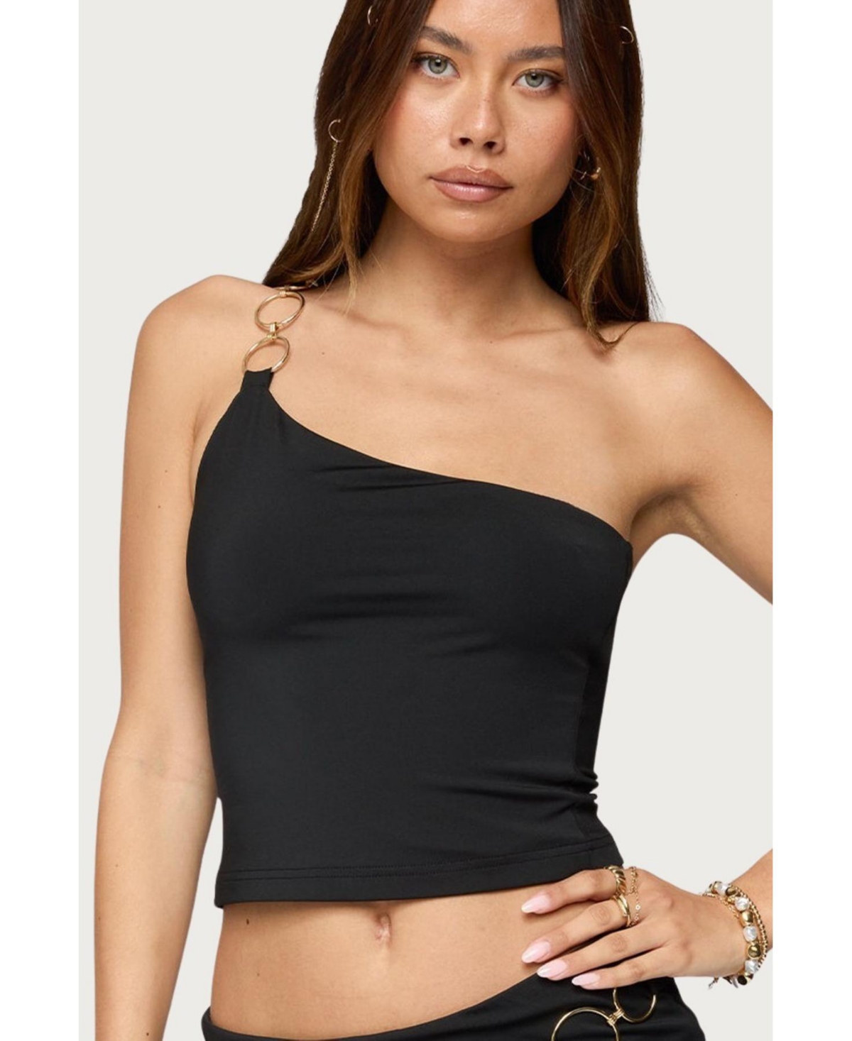 Womens Ashlyn Ring Chain One Shoulder Top - Black