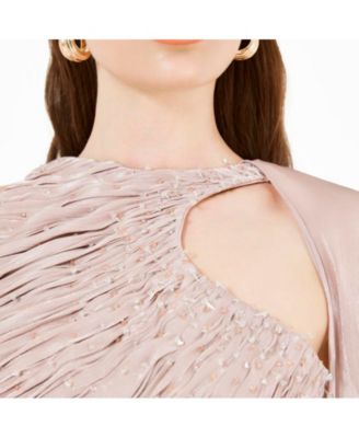 Asymmetric Cutout Ruched Dress With Single Cape Sleeve