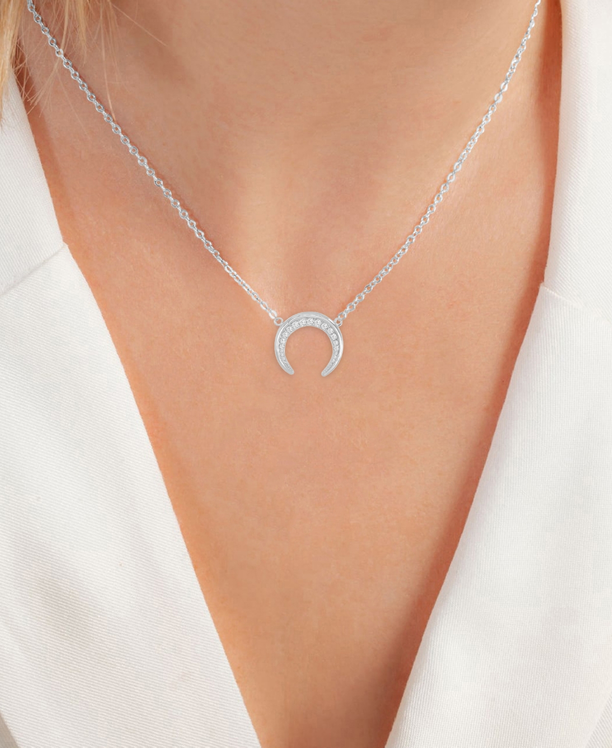 Macy's Cubic Zirconia Crescent Moon Pendant Necklace In Sterling Silver, 16" + 2" Extender In Silver