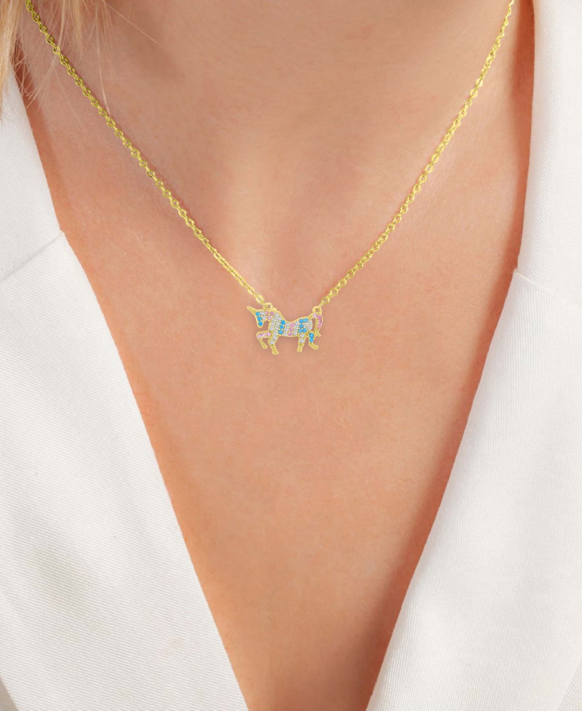 Macy's Multicolor Cubic Zirconia Unicorn Pendant Necklace In 14k Gold-plated Sterling Silver 18" In Yellow