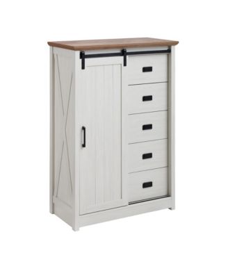 Farmhouse Modern Sliding Barn Door Cabinet with 5 Chest Drawers