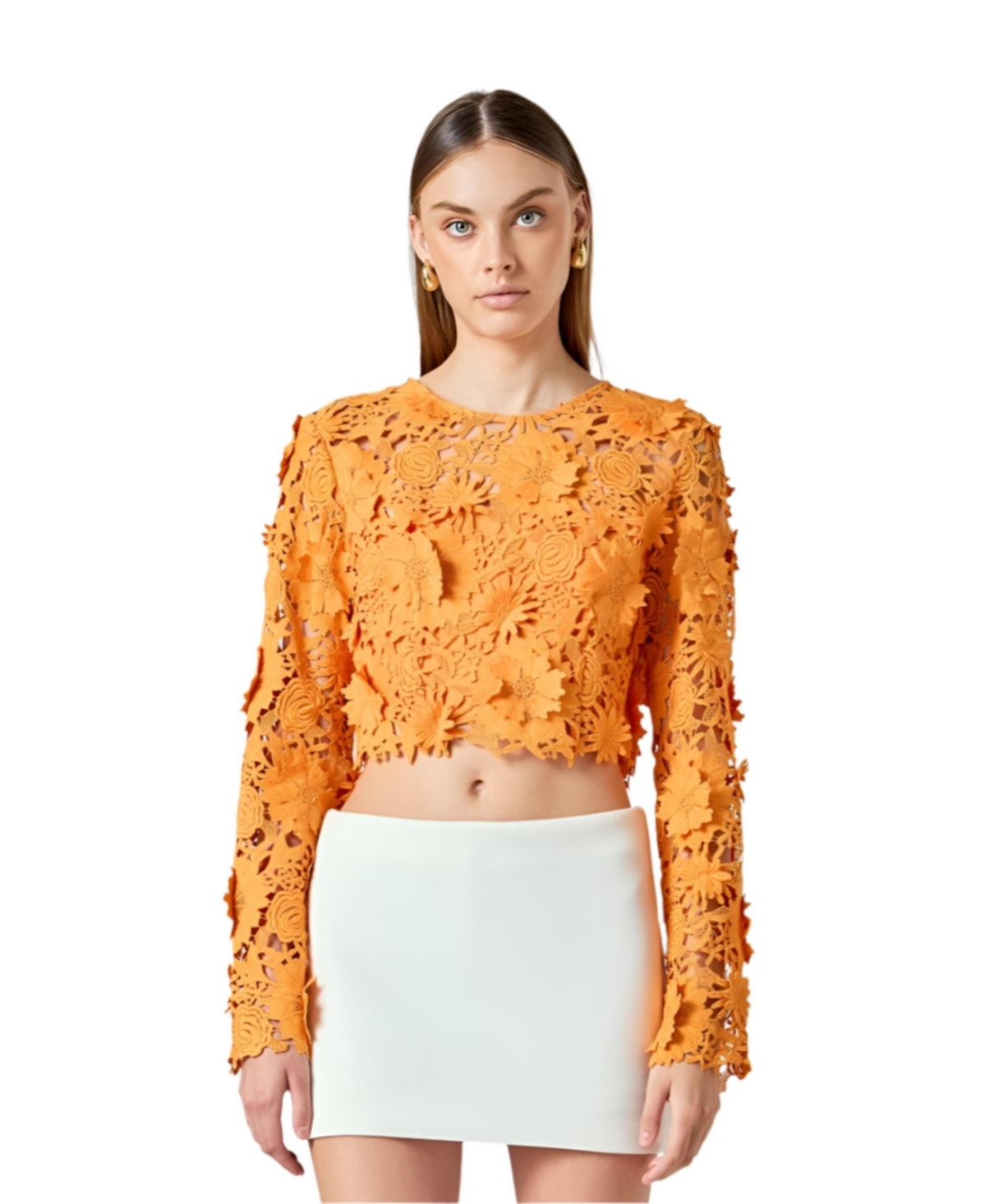 Women's Floral Lace Long Sleeve Top - Orange