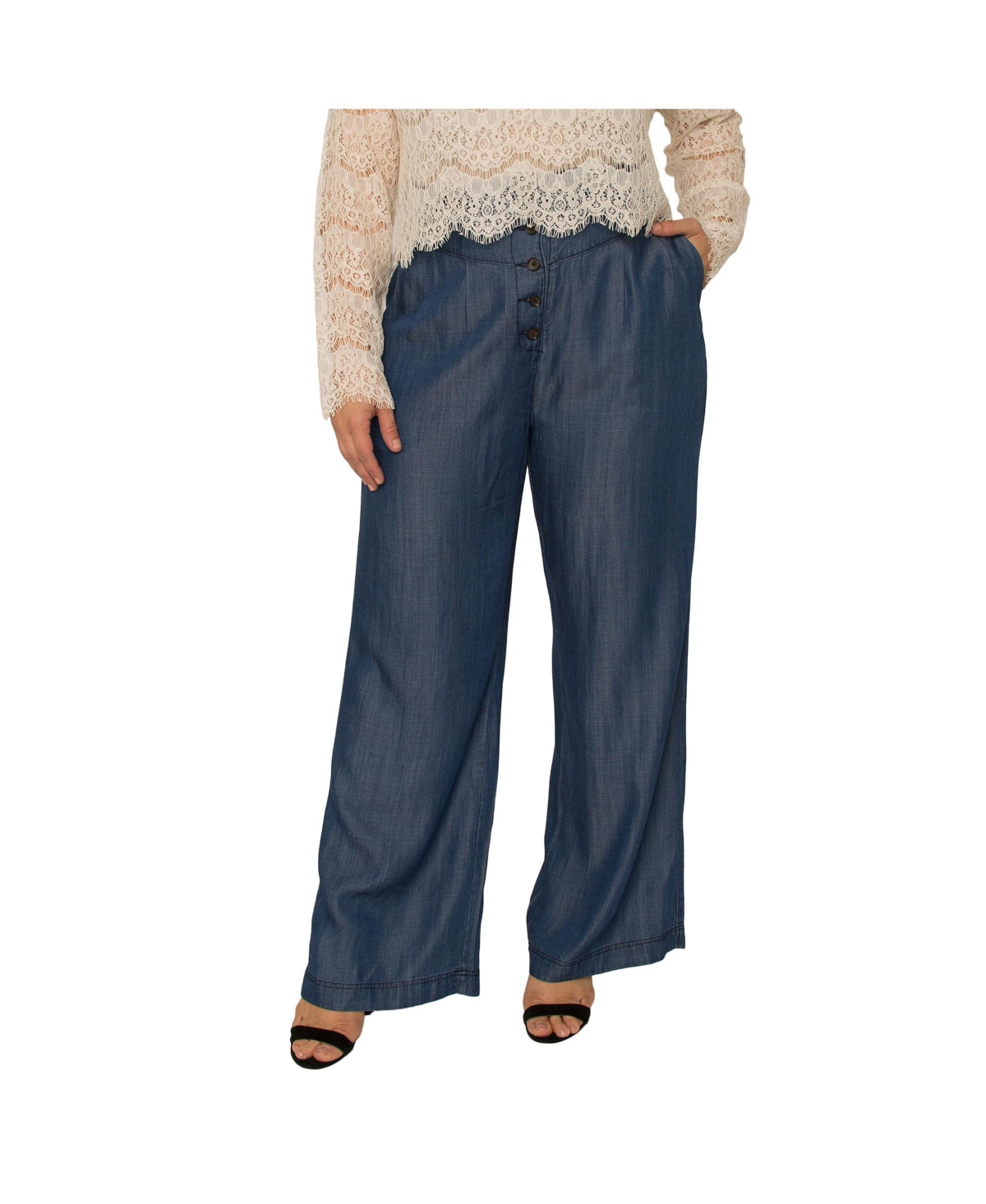 Plus Size High Rise Dark Indigo Wide Leg Tencel Pants - Dark indigo