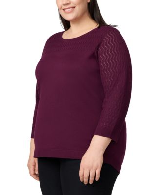 Plus Size Pointelle-Yoke 3/4-Sleeve Sweater