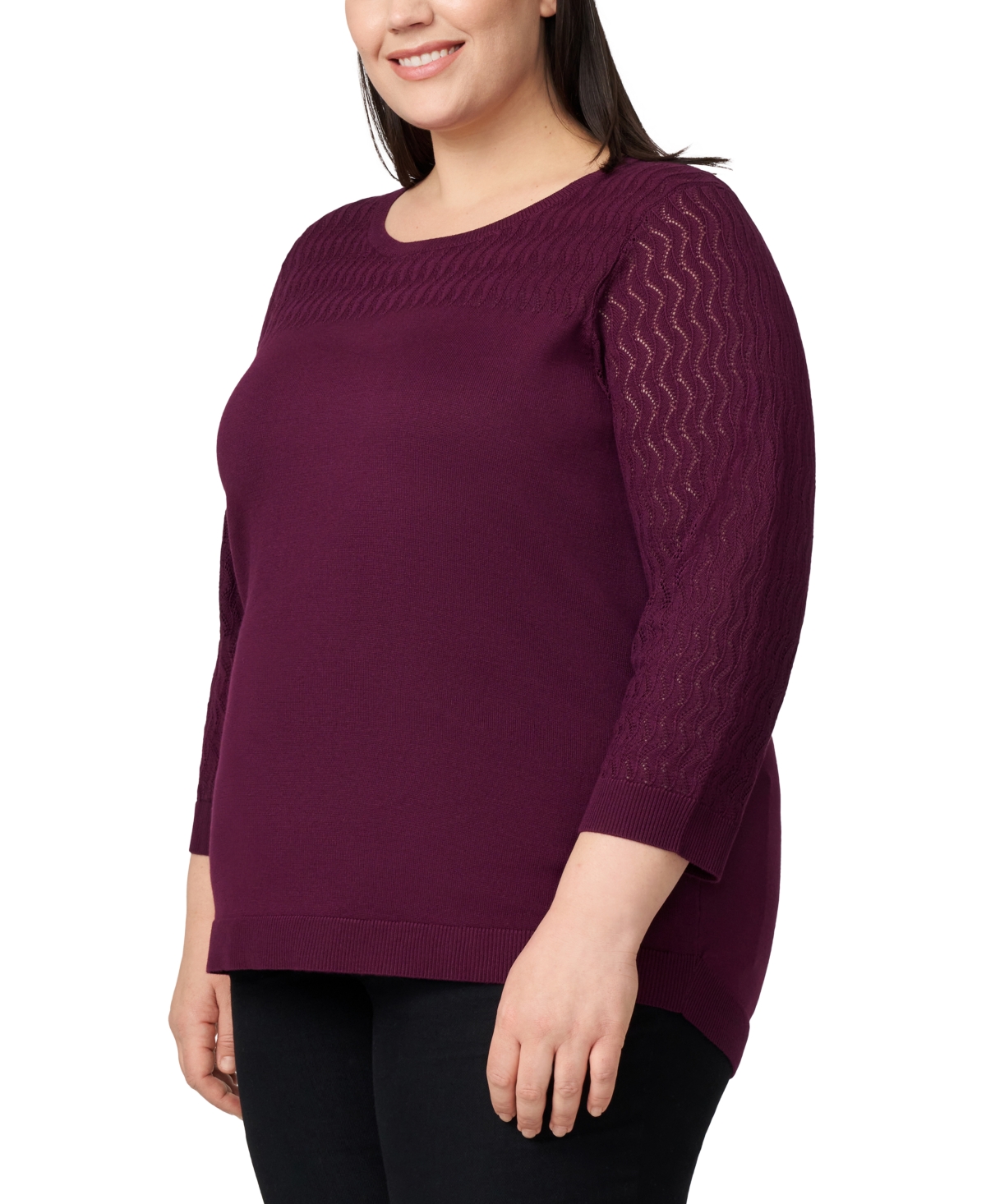 Melissa Paige Plus Size Pointelle-yoke 3/4-sleeve Sweater In Red