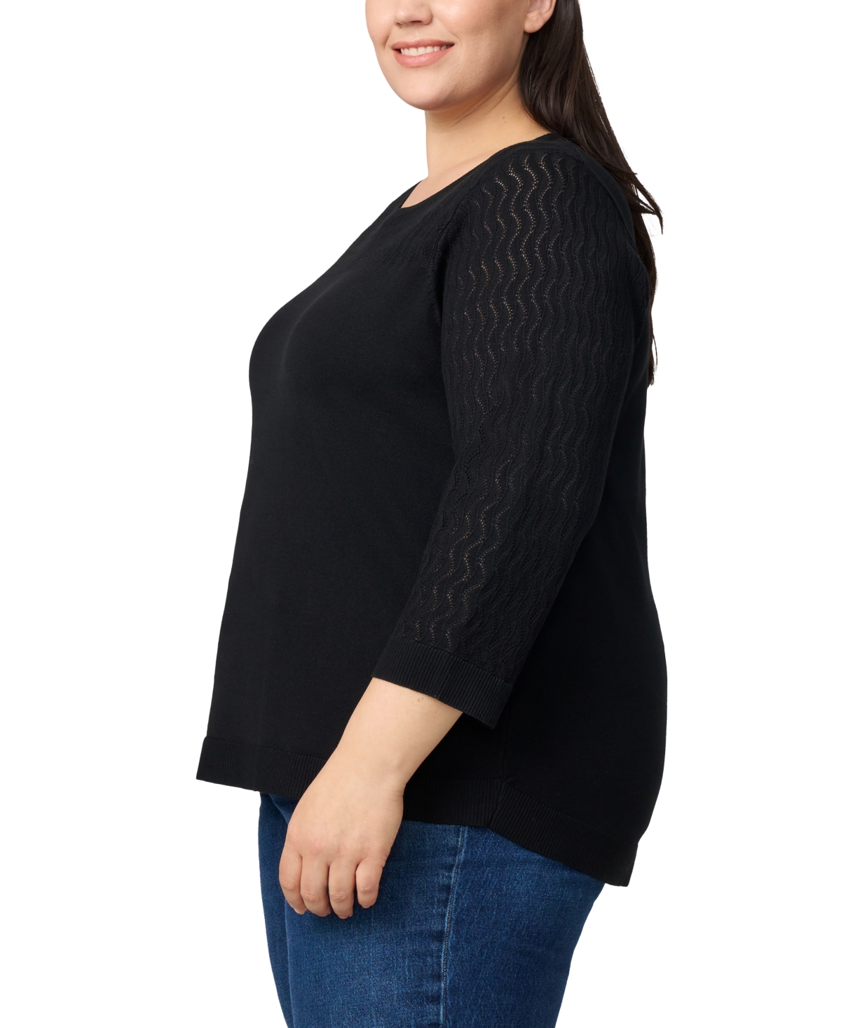 Melissa Paige Plus Size Pointelle-yoke 3/4-sleeve Sweater In Black