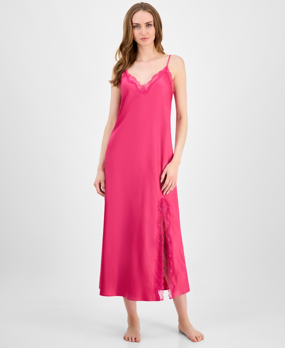 Inc International Concepts Women's Lace-trim Satin Nightgown, Exclusively At Macy's In Red