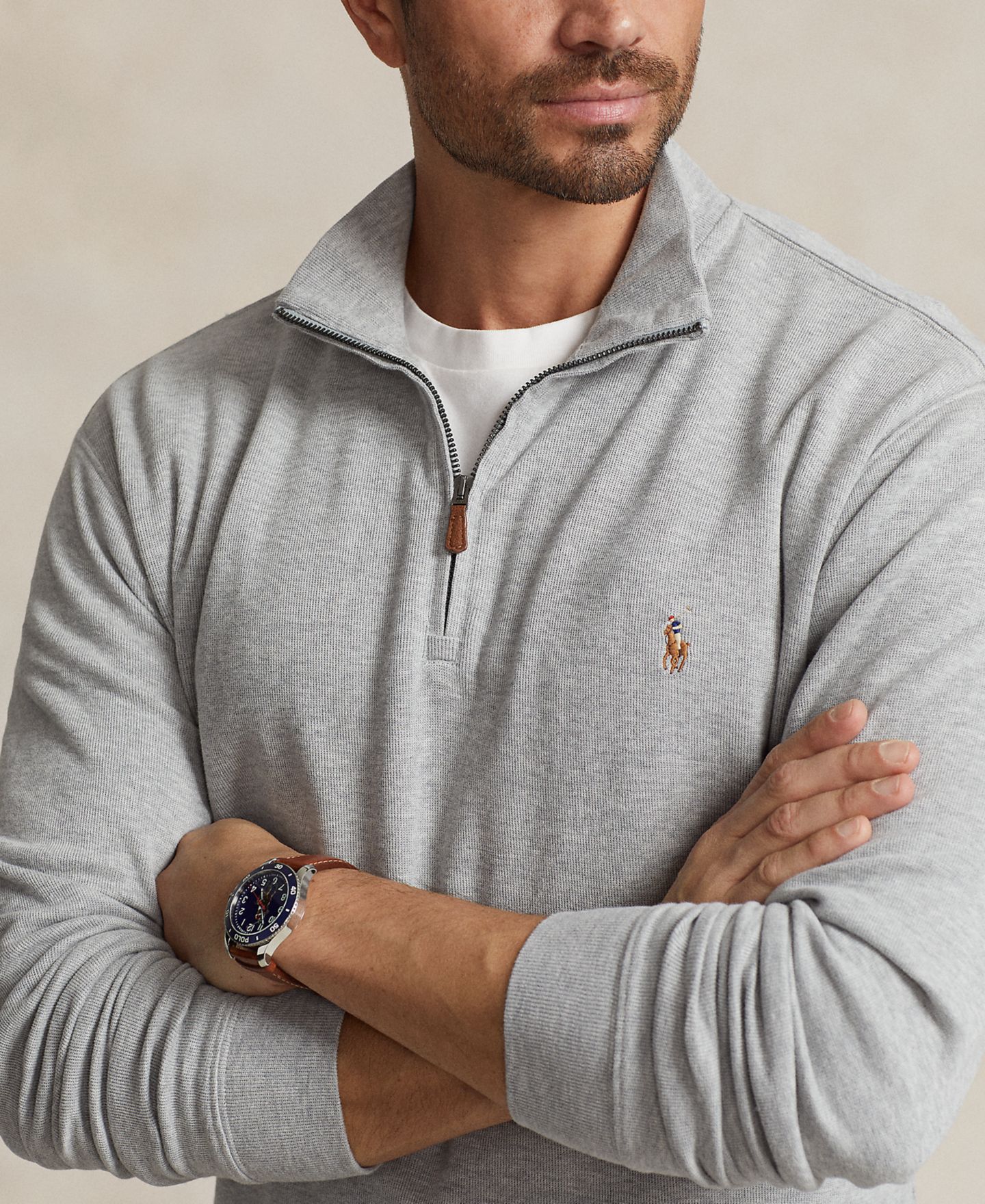 Мужской свитер Polo Ralph Lauren Big & Tall Estate-Rib Quarter-Zip Pullover, цвет: Меланжевый — фото 3