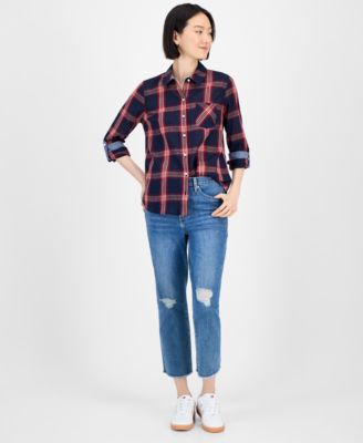 Women's Crinkled Plaid Button-Front Shirt