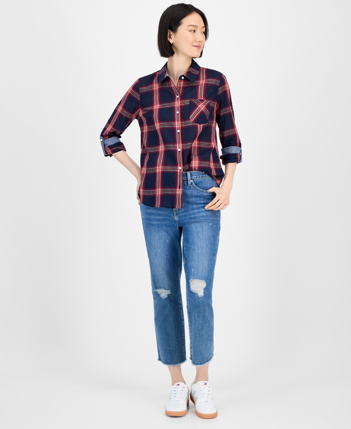Tommy Hilfiger Women's Crinkled Plaid Button-front Shirt In Blue