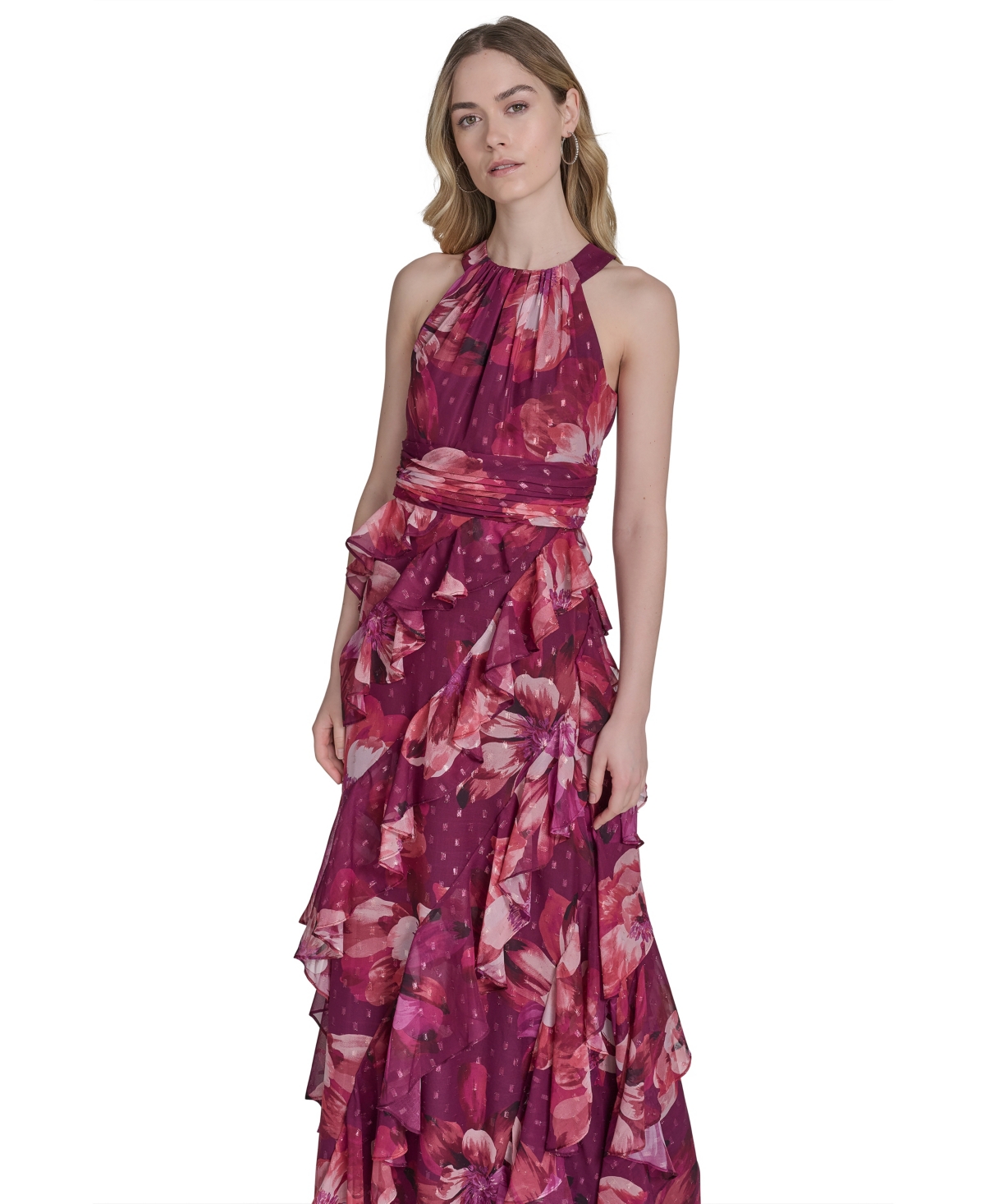 Eliza J Women's Printed Sleeveless Halter Gown In Burgundy