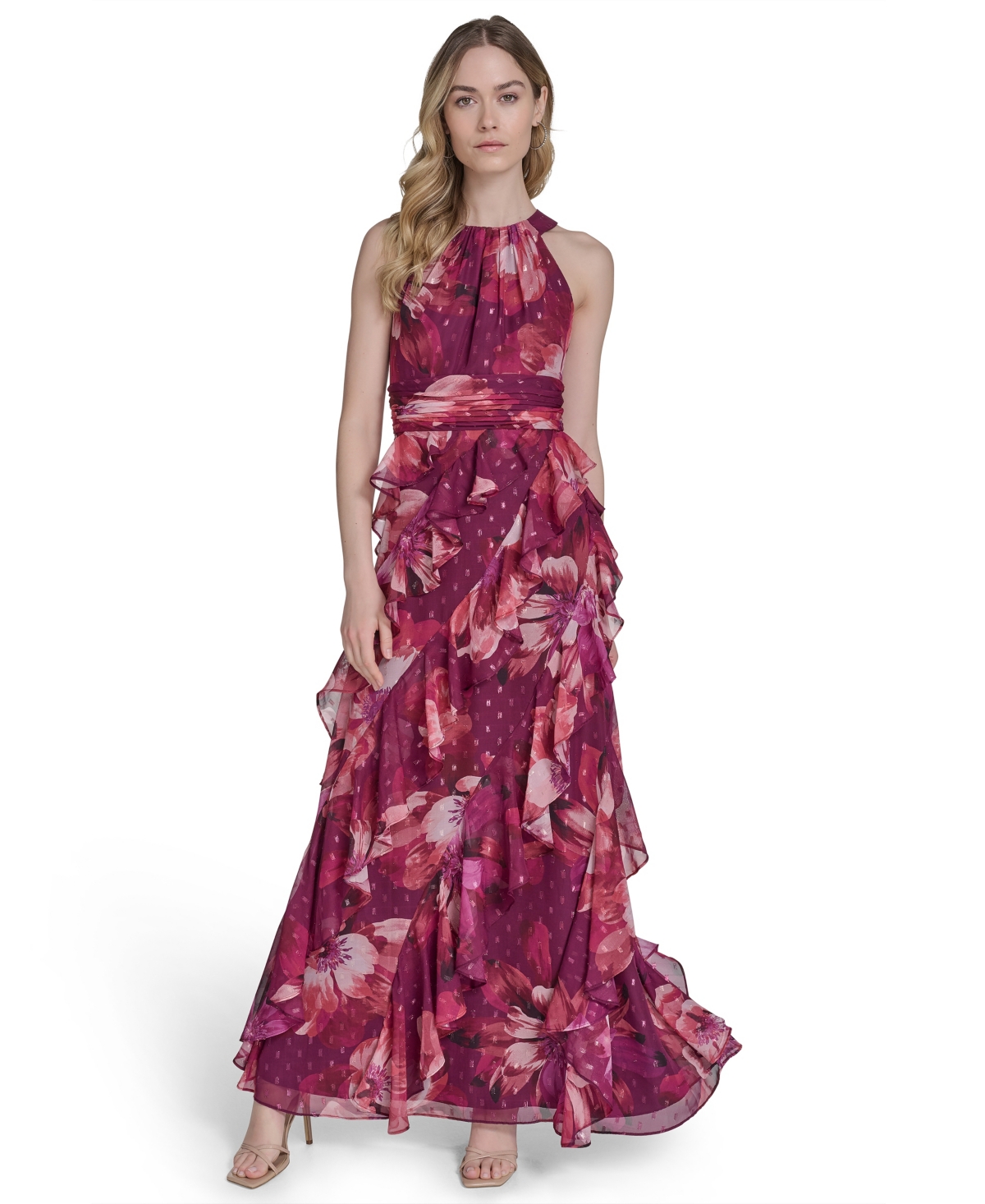 Eliza J Women's Printed Sleeveless Halter Gown In Burgundy
