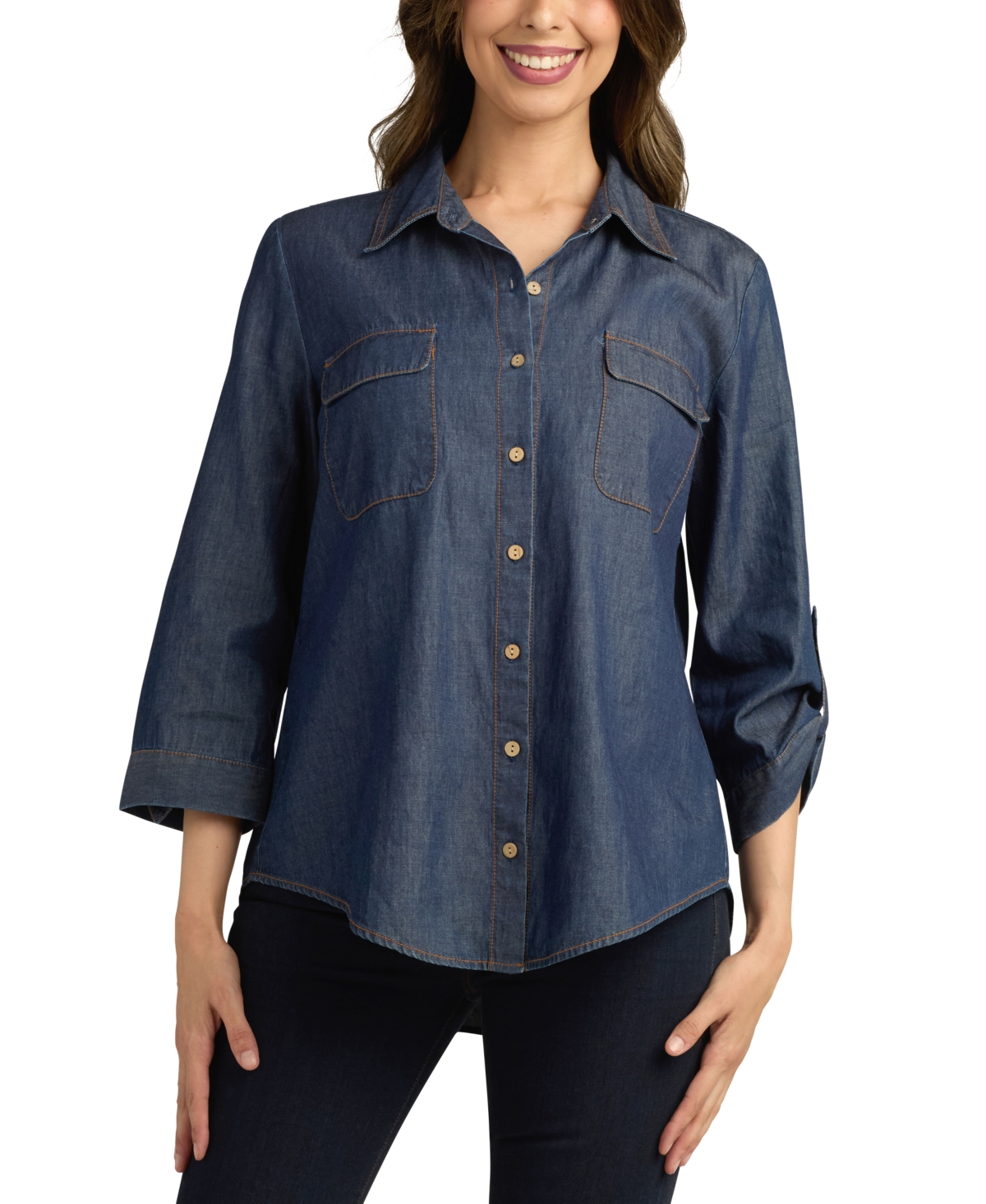 Juniors' Washed Denim Button-Front Shirt - Dark Denim