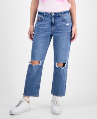 Juniors' Cropped Straight Destructed Mid-Rise Jeans