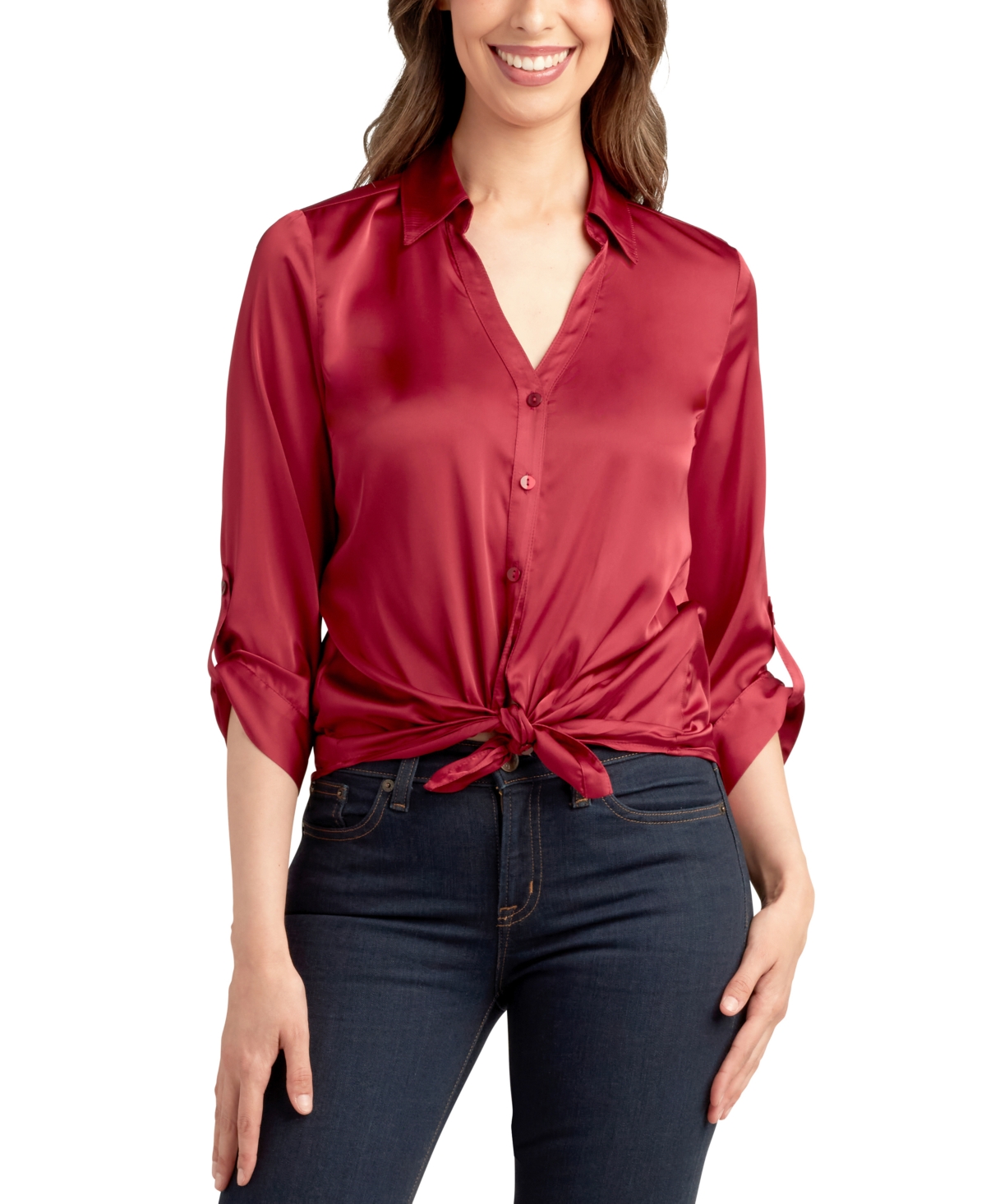 Juniors' 3/4-Sleeve Tie-Front Satin Top - Cranberry