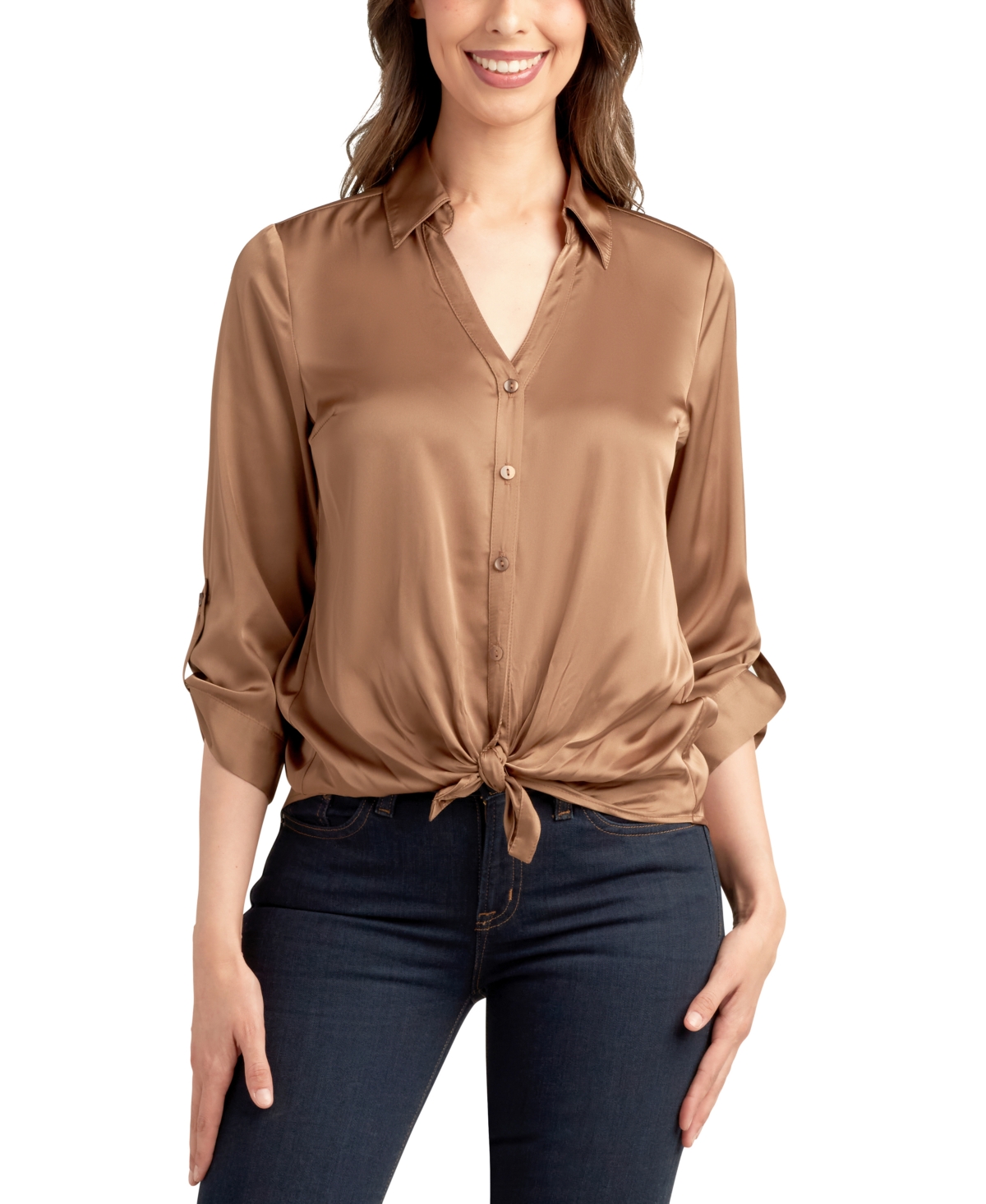 Juniors' 3/4-Sleeve Tie-Front Satin Top - Cranberry