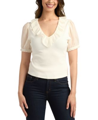 BCX - Juniors' Ribbed Puff-Sleeve Ruffle Top