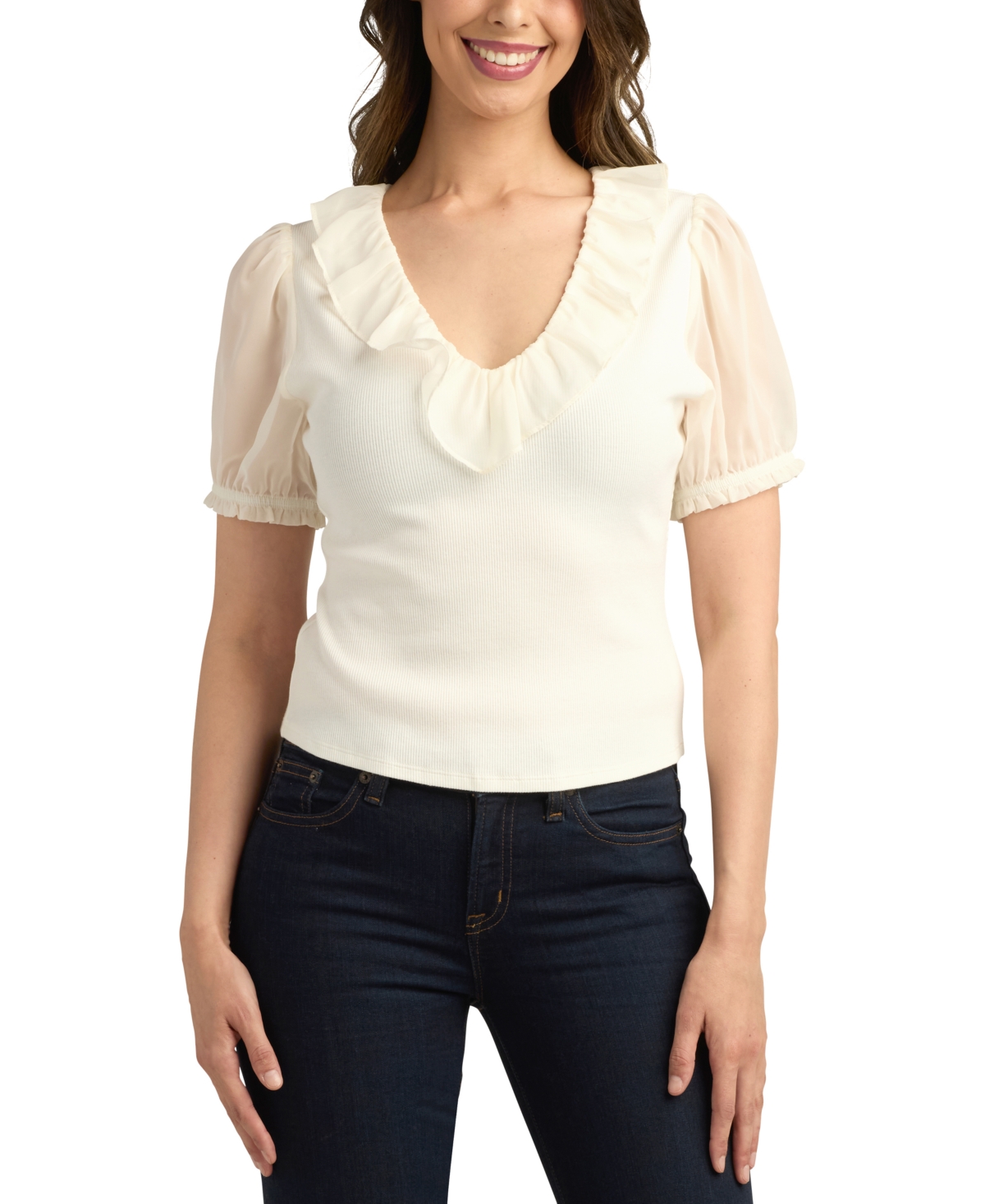 Juniors' Ribbed Puff-Sleeve Ruffle Top - Off White