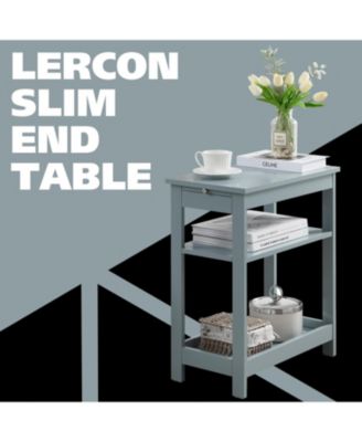 Slim Wood Side End Table with Storage Shelves & Pull-Out Tray, Nightstand for Bedroom, Living Room