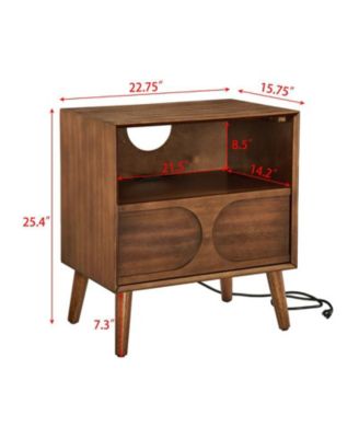 Small Cabinet with USB Charging Ports & Outlet Hole & 4 Solid Wood Legs