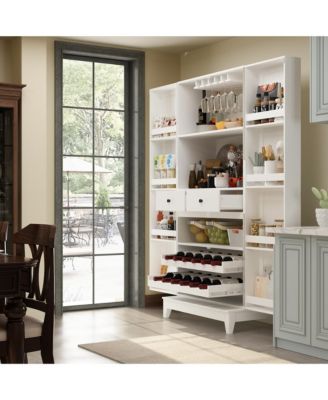 White 2-door 68.9-inch high multifunctional cabinet, storage cabinet, Pantry (including wine drawer/wine glass holder)