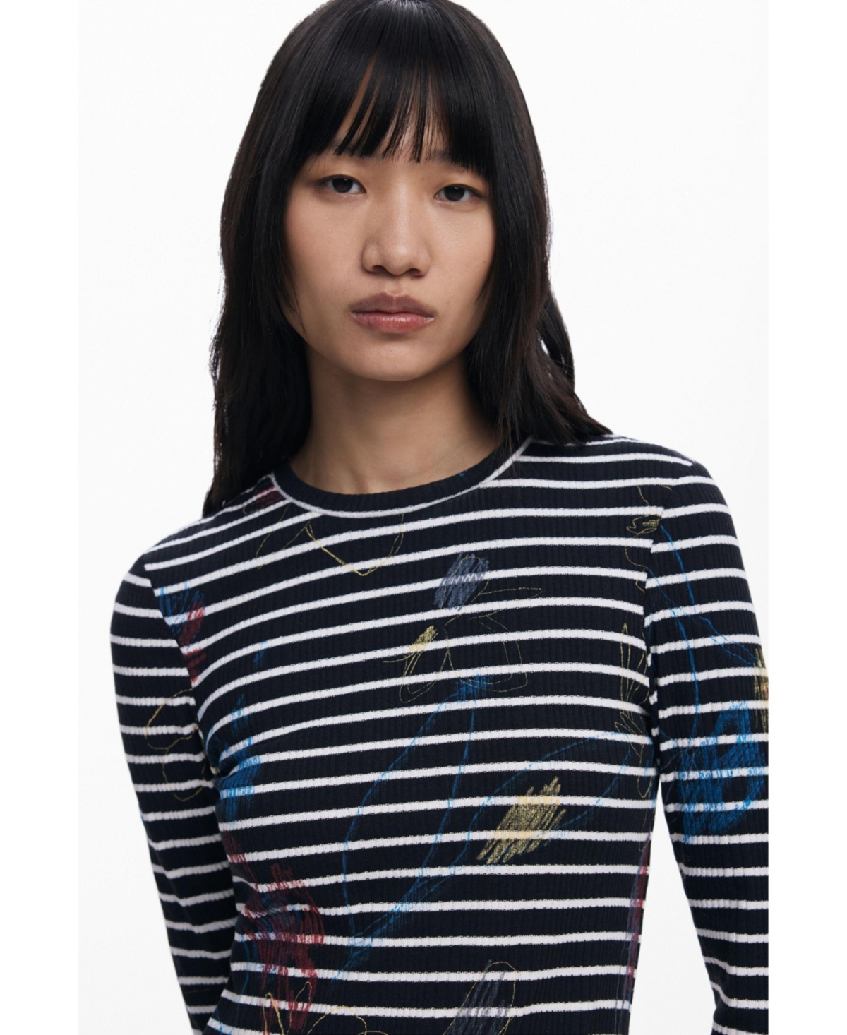 Desigual Long Sleeve Mixed Media Midi Dress In Black