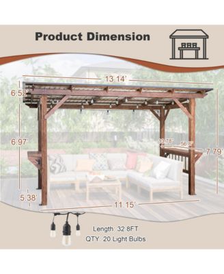 13x6.5FT Wooden BBQ Pergola – Metal Roof Grill Gazebo with Bar Counters & Lights