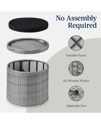 Round Wicker Ottoman, Multipurpose Furniture w/ Removable Cushion, Steel Frame