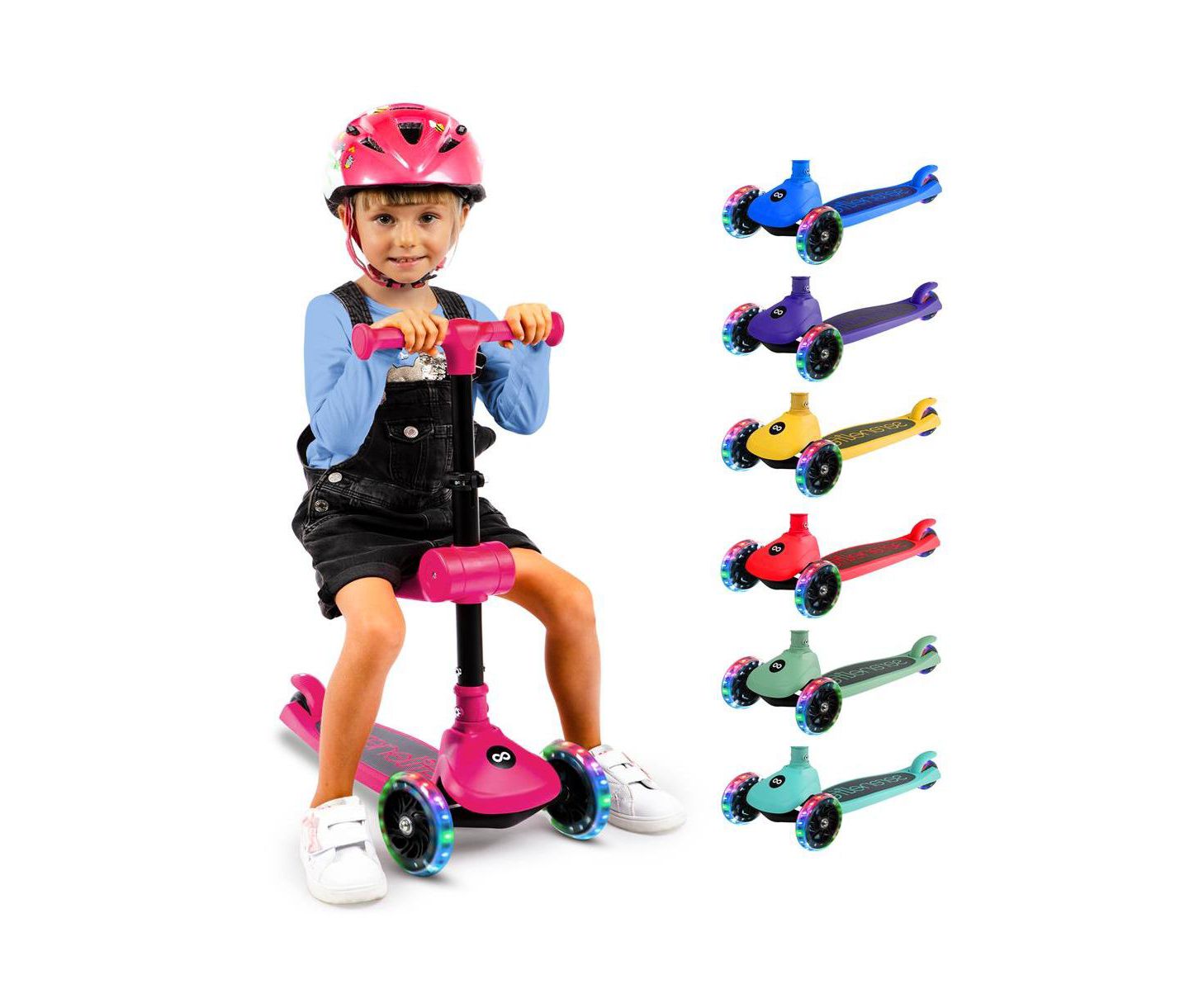 Детская игрушка SereneLife 3-Wheel Foldable Kids Scooter with Built-in LED Wheel Lights & Foldable Seat, 110 lbs. Capacity, Ages 3+, цвет: Розовый — фото 1