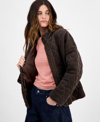 Juniors' Quilted Corduroy Zip-Front Coat