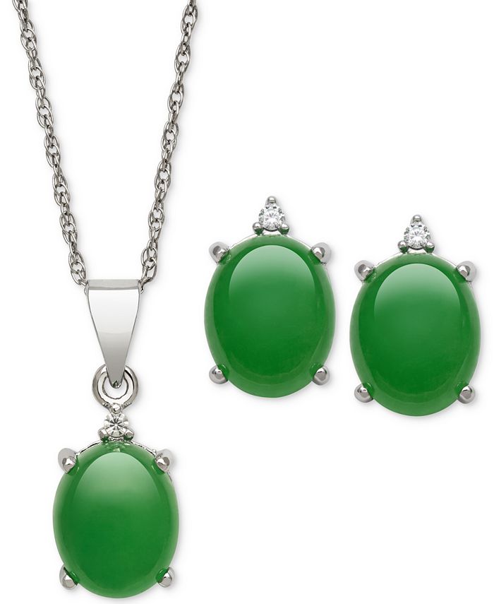 Macy's Dyed Jadeite (8 x 10mm) and Diamond Oval Pendant Necklace and Matching Stud Earrings Set