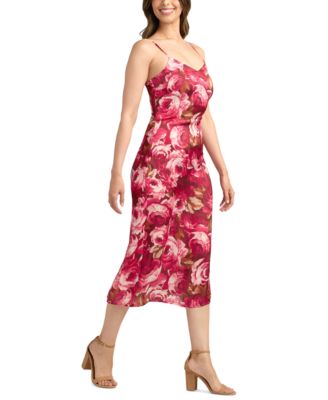 Juniors' Printed Stretch Satin Slip Midi Dress