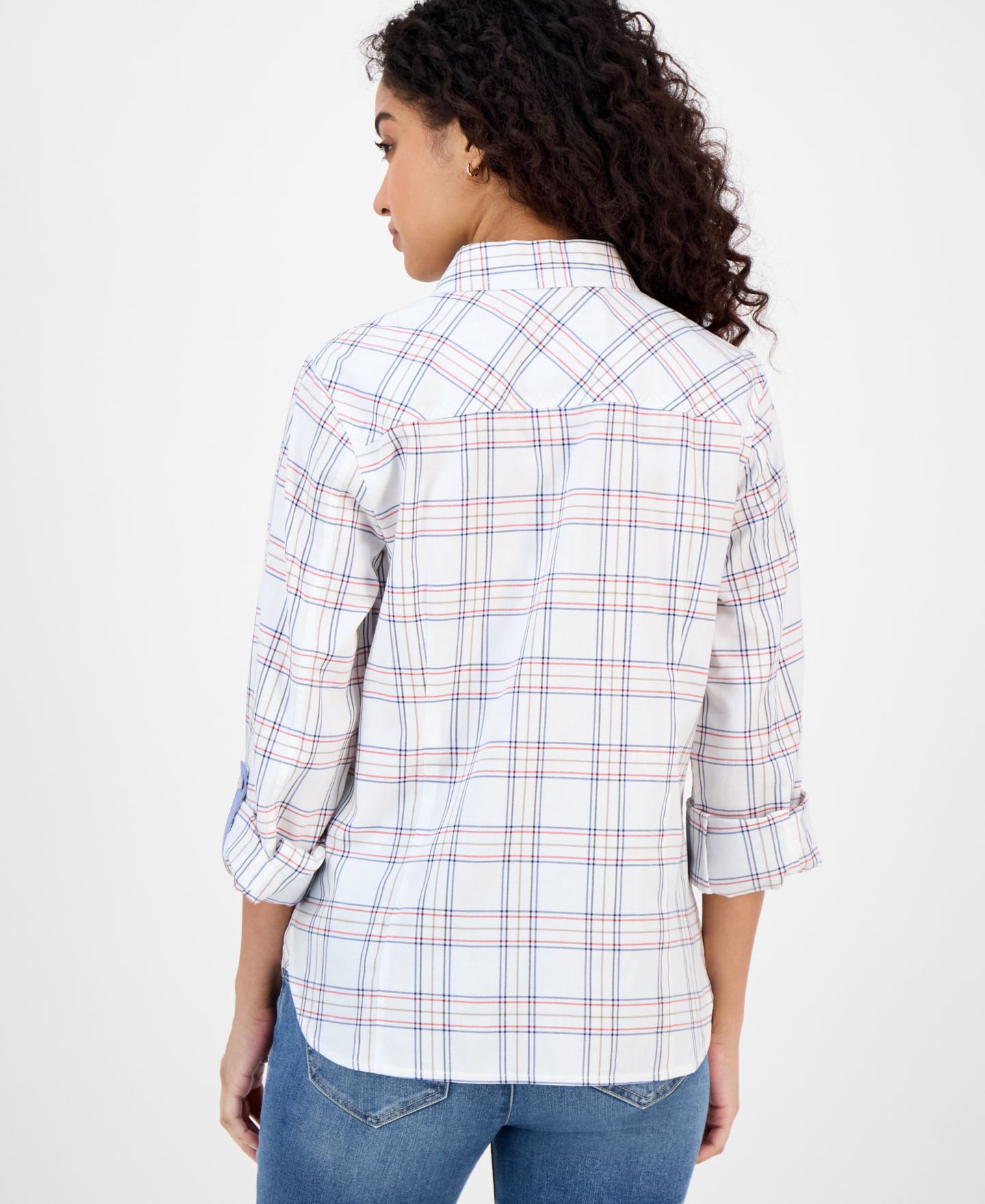 Женская рубашка Nautica Jeans Nautica Providence Plaid Cotton Roll-Tab-Sleeve, цвет: Яркий белый разноцветный — фото 4