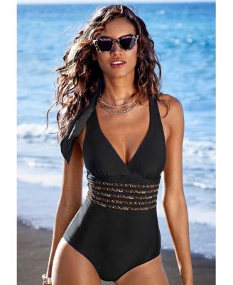 Women's Leopard Cheetah Trim Tummy Control One Piece Swimsuit