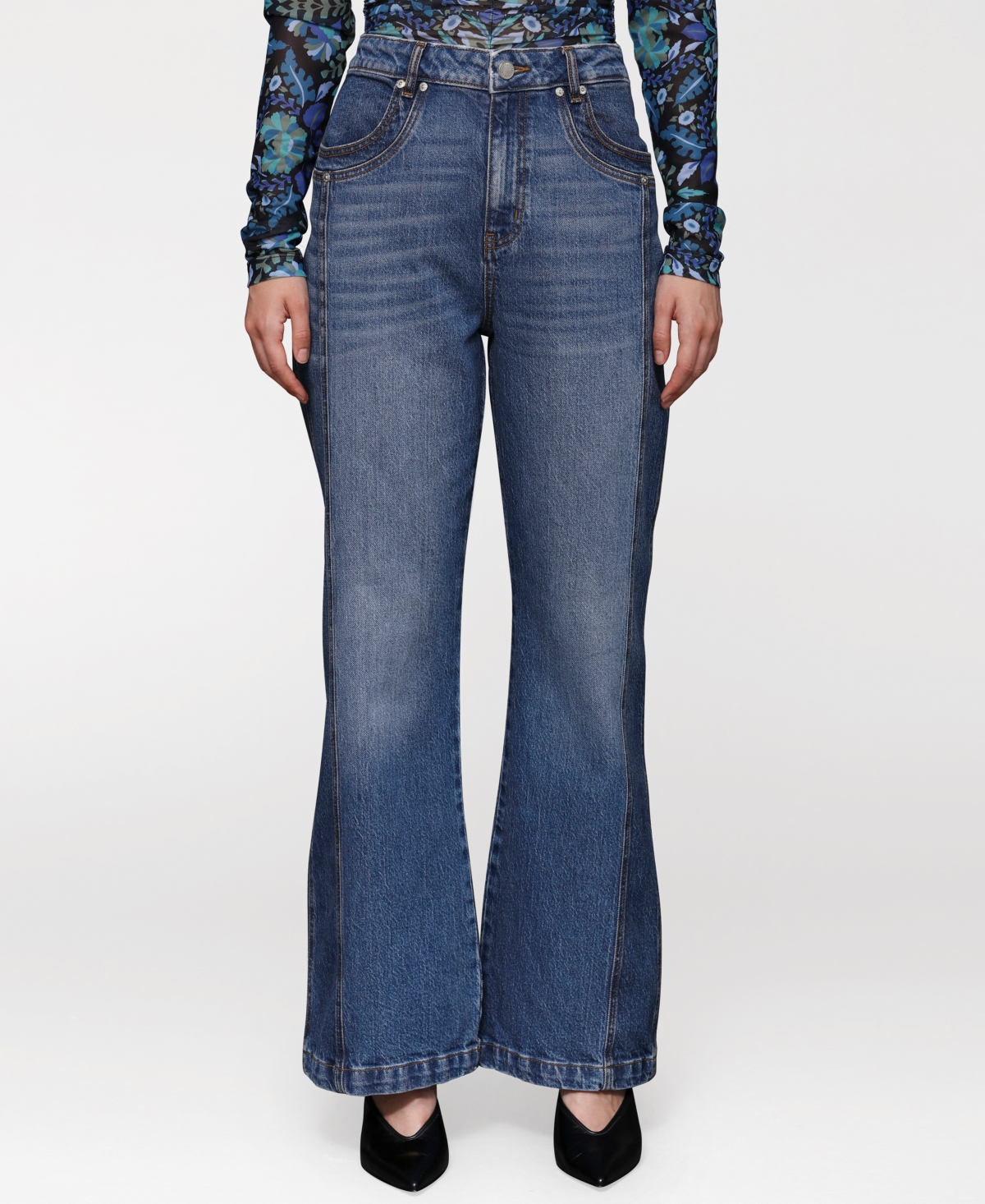 Women's Two-Tone Flared Jeans - Two Tone Denim