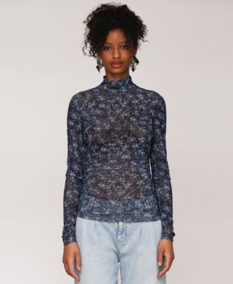 Avec Les Filles - Women's Printed Mock Neck Ruched Top