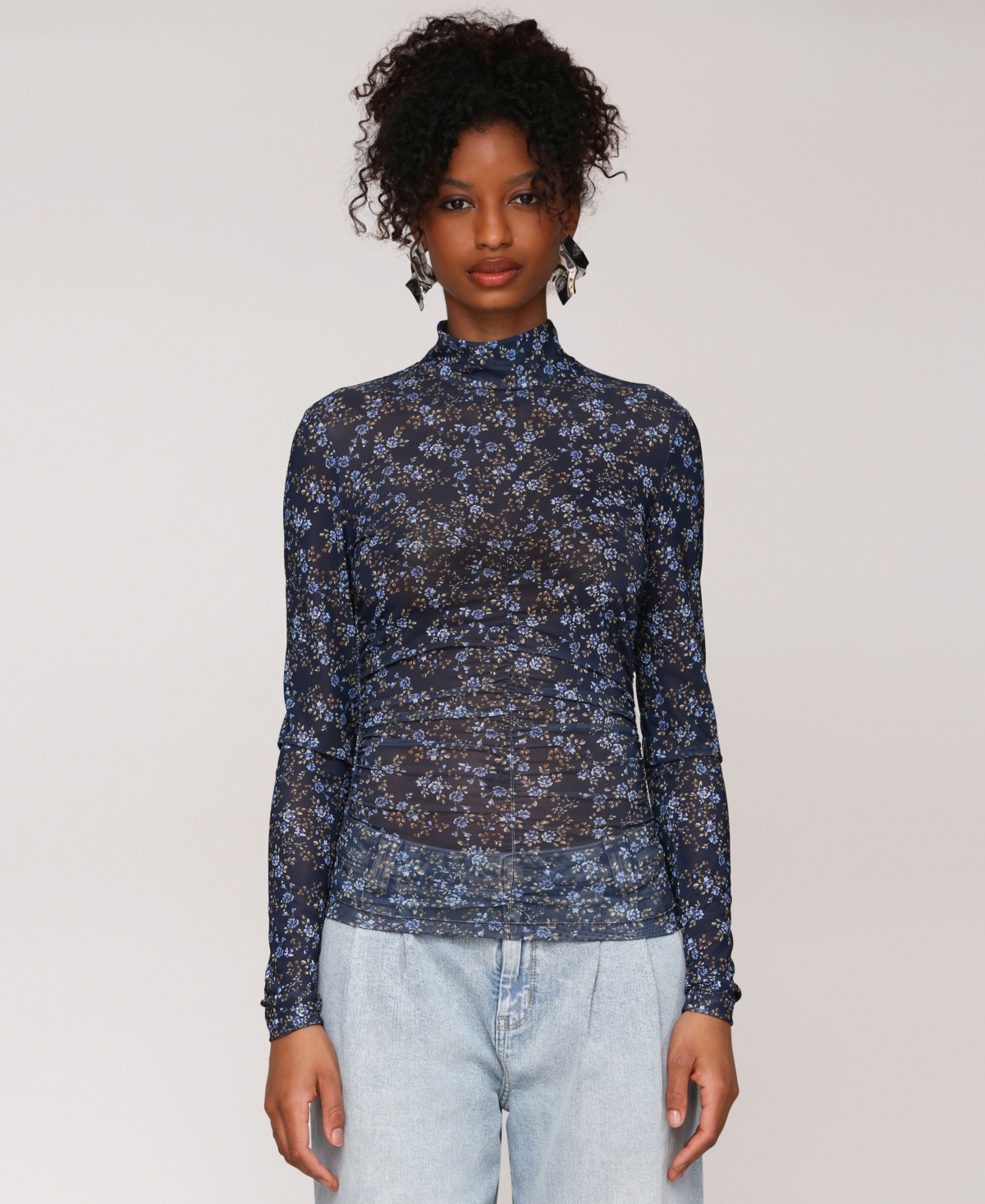Women's Printed Mesh Mock Neck Ruched Top - Autumn Ditsy