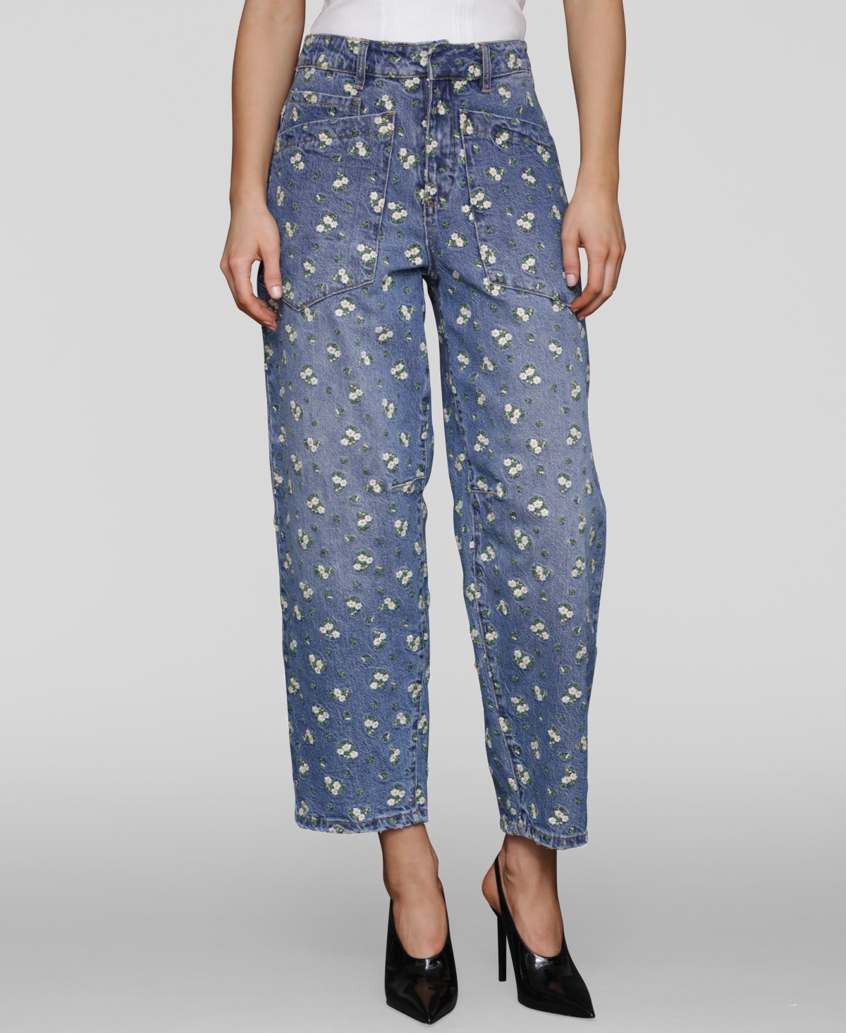 Women's Embroidered Barrel-Leg Jeans - Cafe Wash
