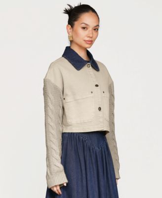 Women's Sweater-Sleeve Rinse Wash Denim Chore Jacket